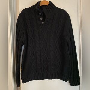 Italy Black Wool Chunky Cable Knit Sweater Button Up Neckline Mens Large